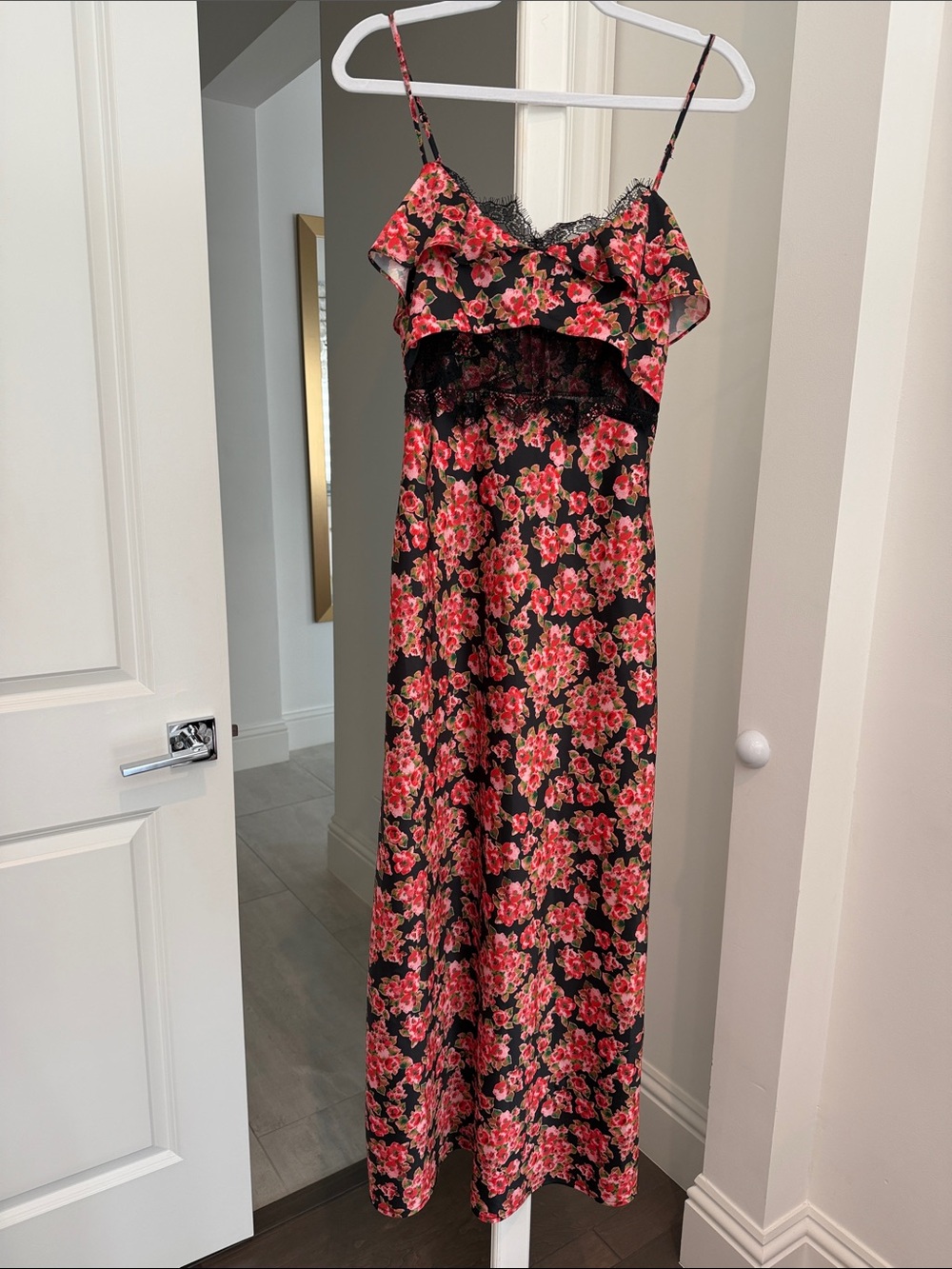 Anthropologie Slip Dress with Pink Floral Print and Lace Trim